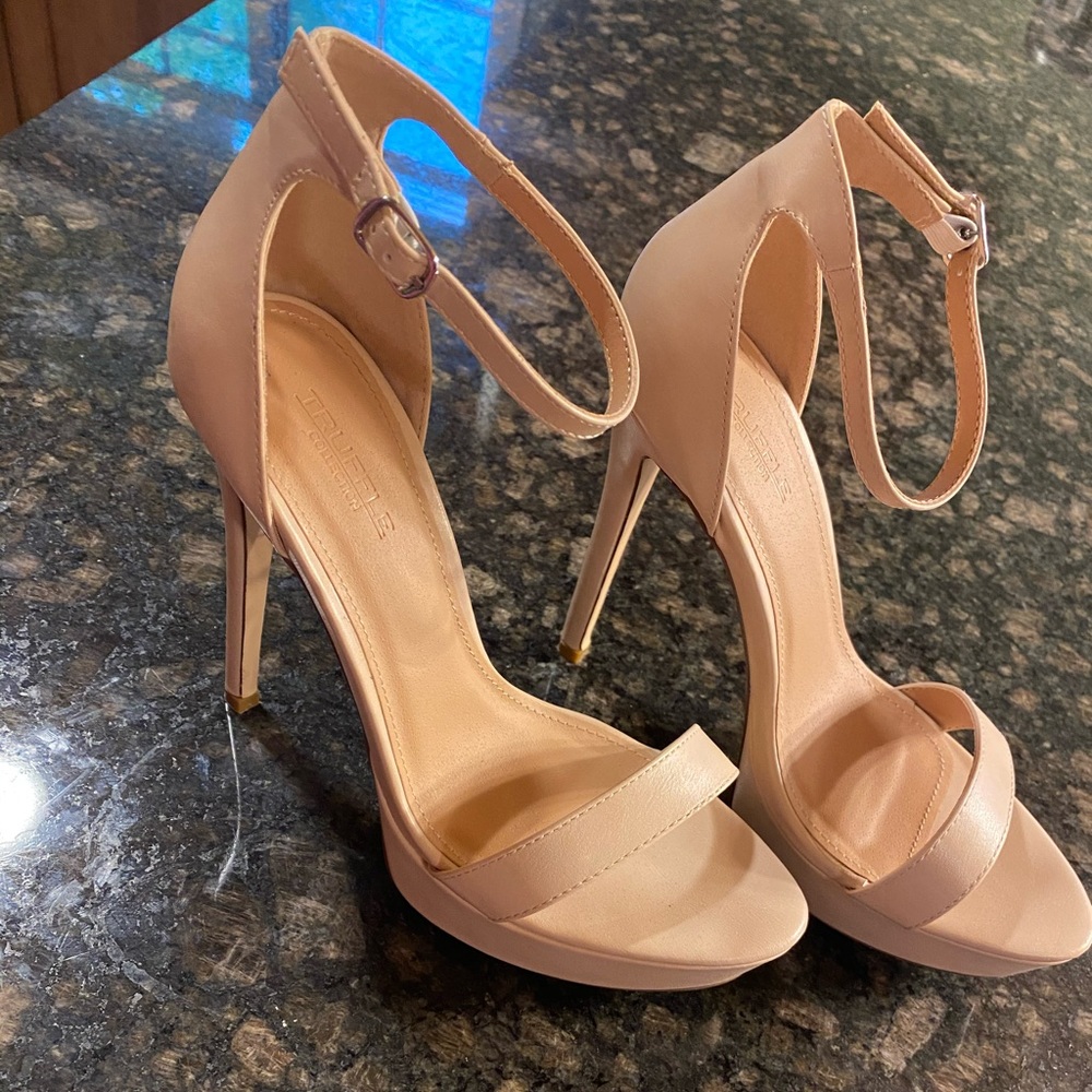 Truffle Collection nude platform ankle strap heels